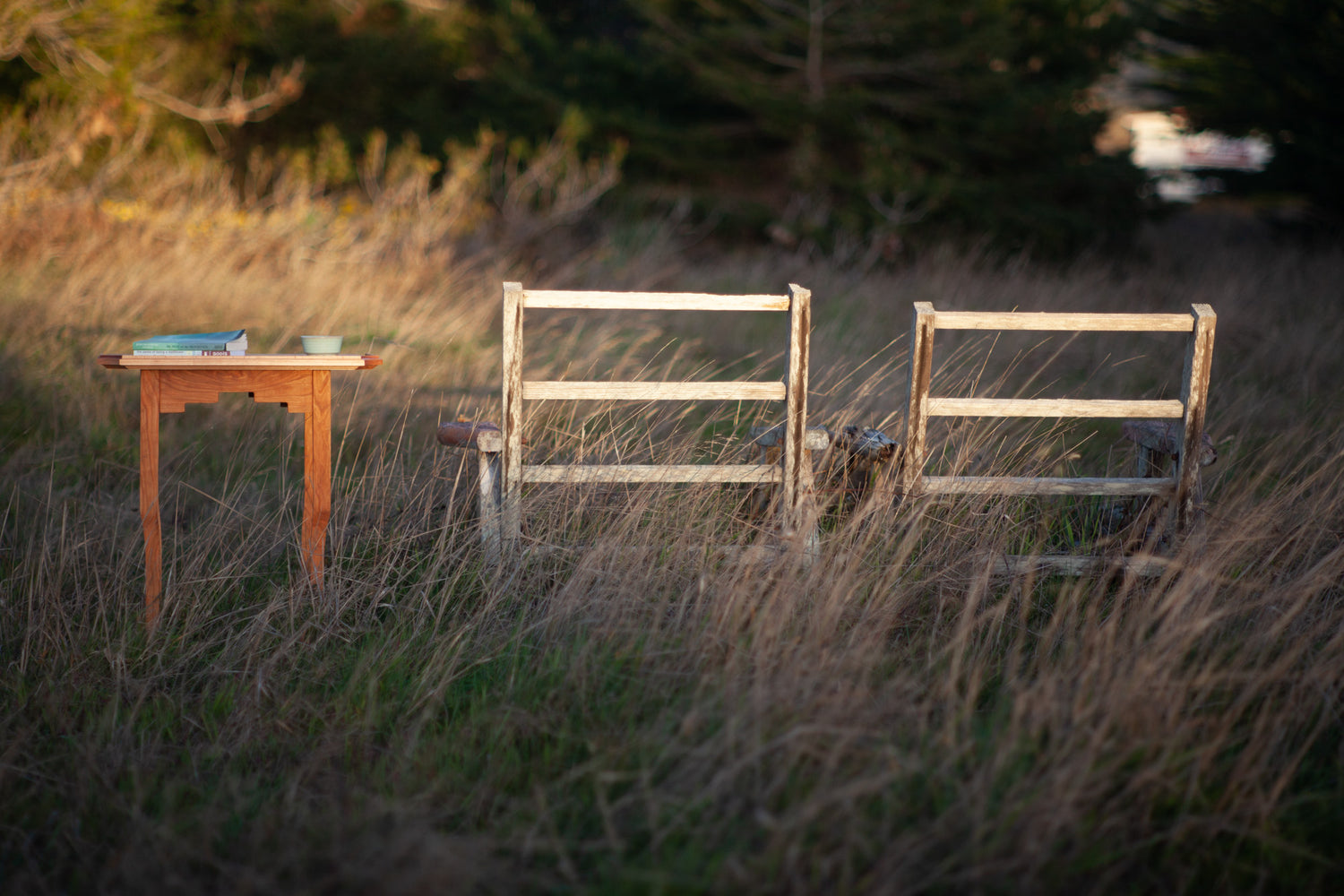 A 14 Acre Designs Cherry Wood Carved Side Table rests playfully beside two weathered chair frames in a field on the Mendocino Coast.